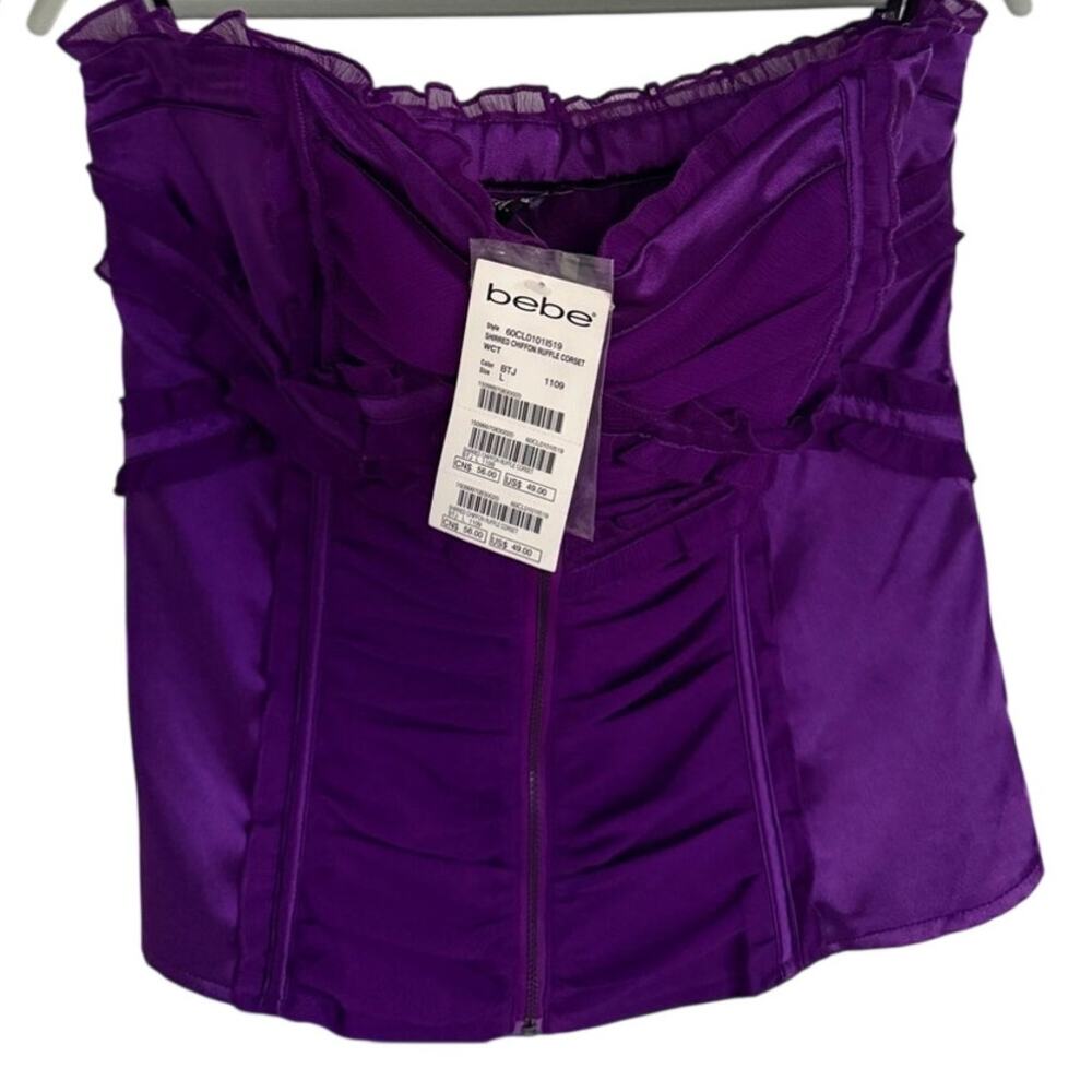 Bebe Purple Shirred Chiffon Ruffle Corset Top L 12-14 NWT